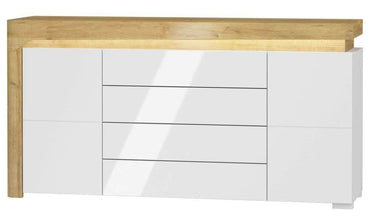 Cadillac Oak Effect and White Gloss Sideboard with LED Lighting: Two Doors, Four Drawers - UK Luxury Furniture